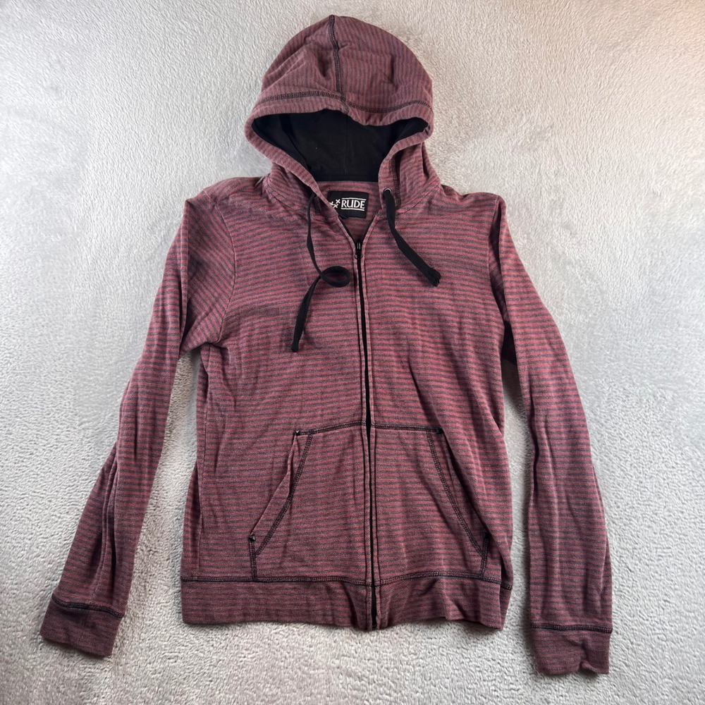 Rude Mens Striped Full Zip Hoodie Burgundy Black Lightweight Knit Sweatshirt SM